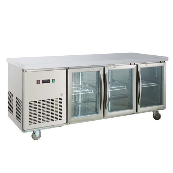 Commercial Worktop Bench Fridge 3 Glass Door 380L Stainless Steel Refrigerator - TradersOfOz